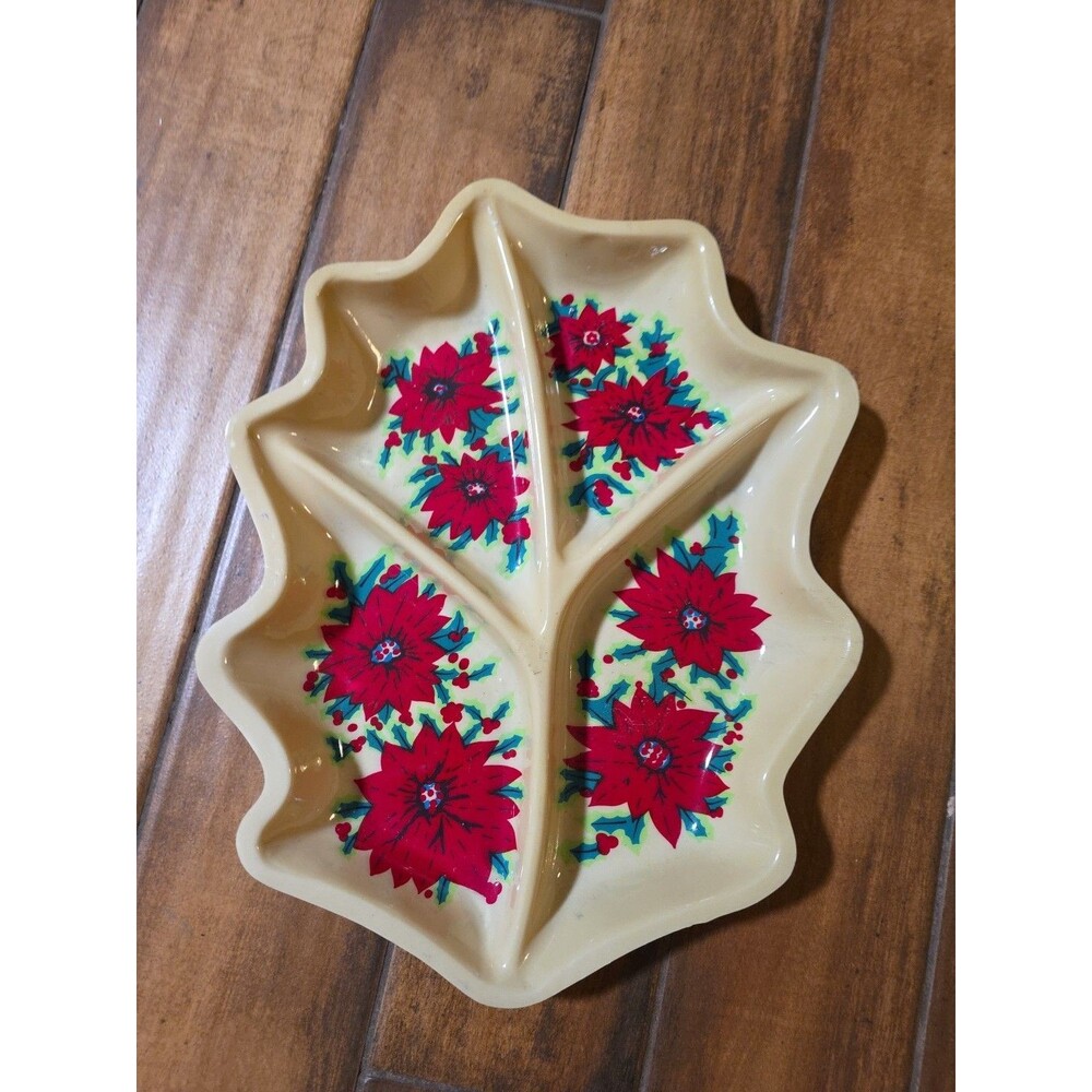 Vintage Leaf Molded Plastic Christmas Serving Tray Platter Divided Poinsettia